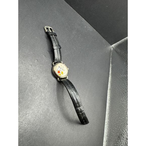 Disney Mickey Mouse Wrist Watch Silver Tone Black Leather Band 753S 27.4MM main image 16